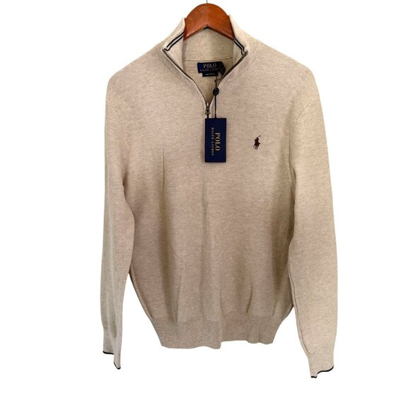 Polo Ralph Lauren Beige Quarter-Zip Sweater M Mens Pima Cotton Lightweight Knit - Picture 2 of 7